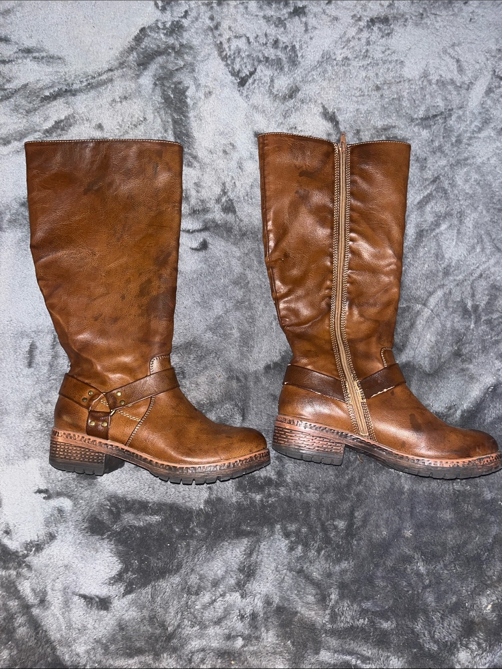 Women's Tan Buckle Riding Boots with Side Zip
